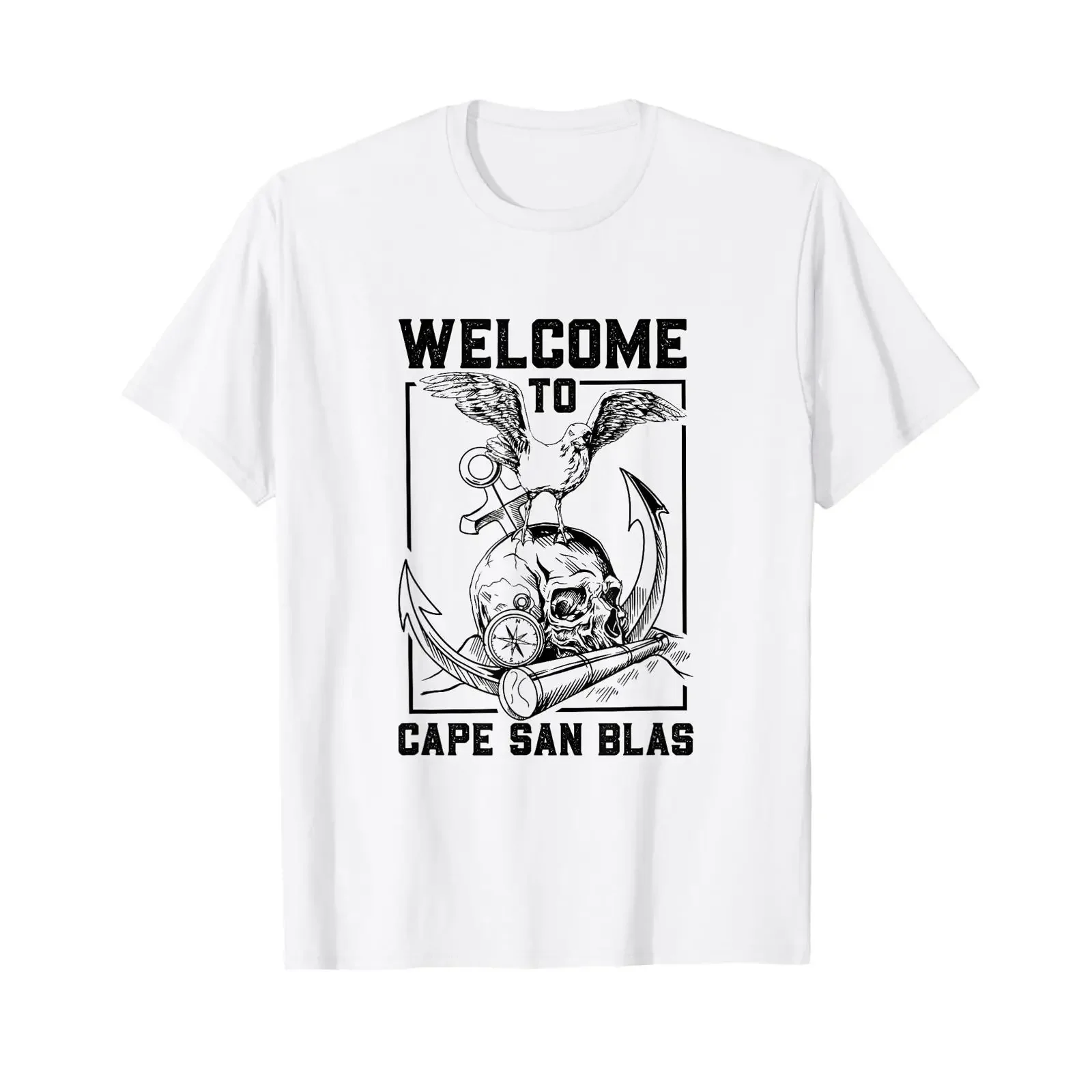 Seagull on Skull Cape San Blas T-Shirt Weiß Vintage gewaschen Unisex Herren Lässig Stilvoll Vielseitig Atmungsaktiv Leicht grafisch