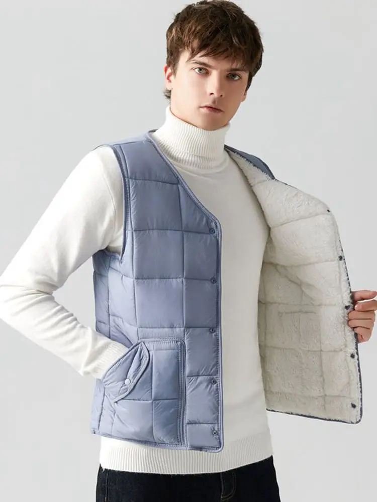 

Men's down Cotton Vest Warm Thiened Lightweight Lamb Velvet Filled Busin Casual ort Sle V-Ne Single Button Closure