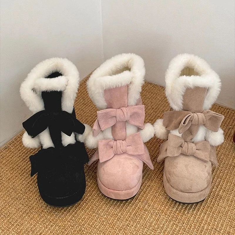 Sweet Winter Girls Lolita Ankle Snow Boots,Plush Warm Bowknots Wedge Heel Heightening Shoes