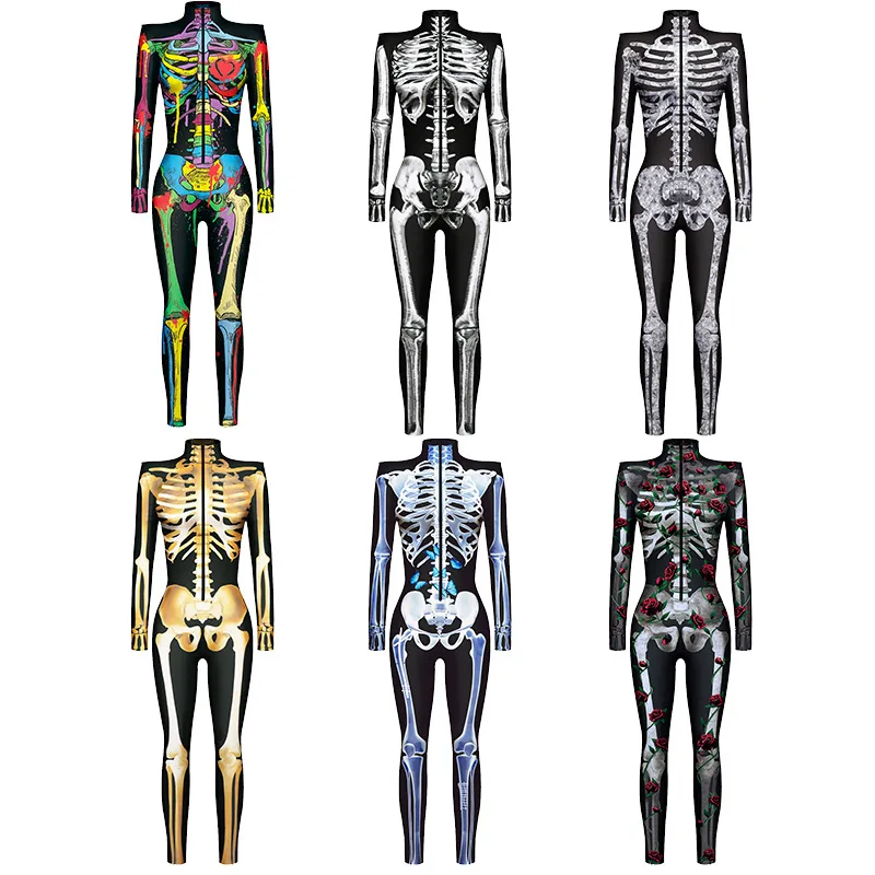 

Gold White Colorful Skeleton Skull 3D Print Halloween Cosplay Costume Women Sexy Jumpsuit Bodysuit Adult Carnival Party Clothing