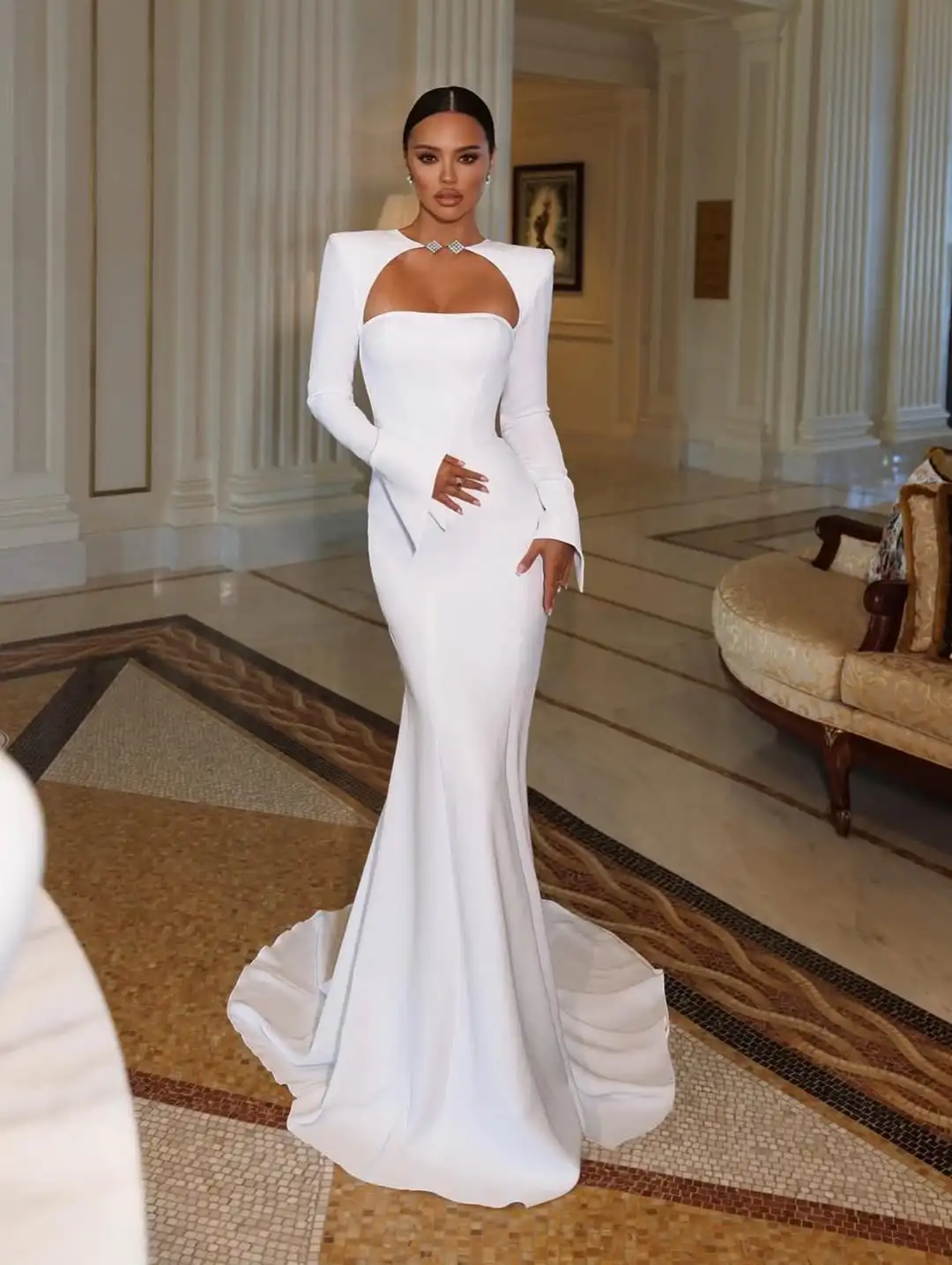 

Ofherown Elegant White Satin Wedding Dress for Women Long Sleeve Cutout Backless Mermaid Bridal Gown Evening Dress Customized