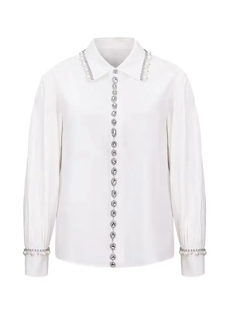 New Spring Luxury Beaded Diamond Blouse Shirt For Women\'s Long Sleeve Versatile White Elegant Tops