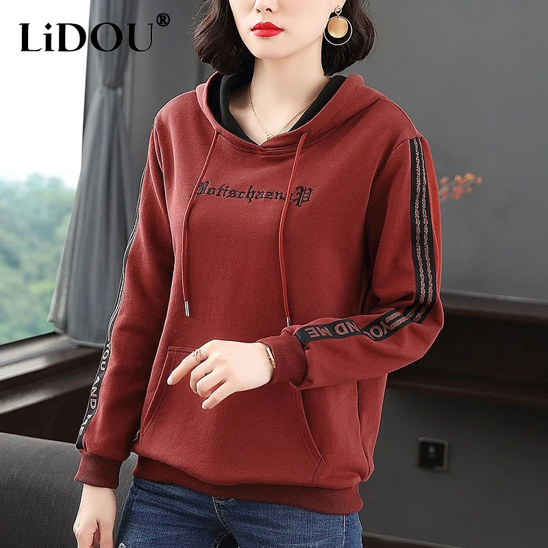 2023 Autumn Winter New Solid Color Hooded Long Sleeve Fashion Printing Hoodies Women Cotton Casual Loose All-match Pullovers