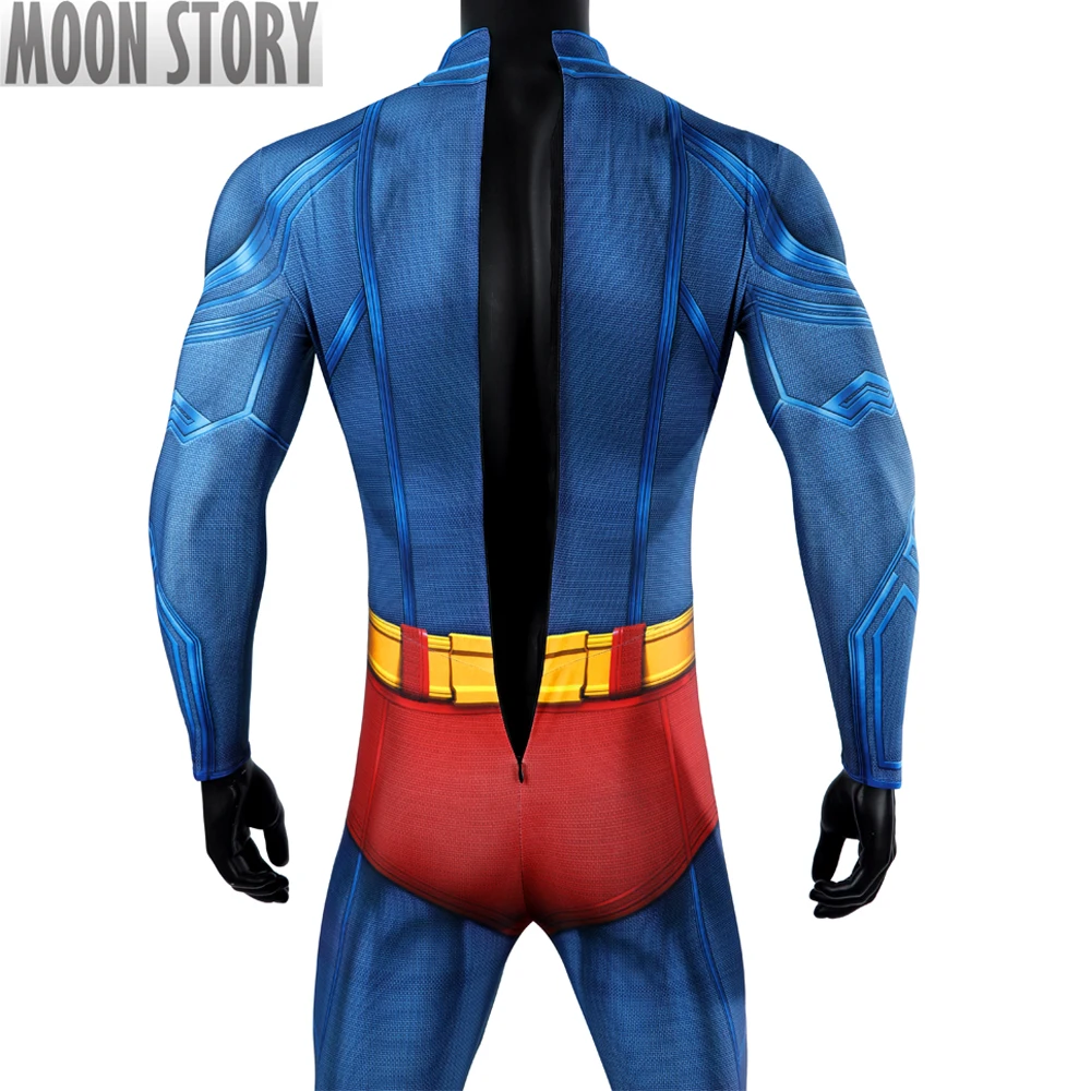 Hochwertiger Superheld Zentai Erwachsener Mann Clark Kent Verkleidung Halloween Cosplay Kostüm Bodysuit mit rotem Umhang 3d gedruckt Outfit