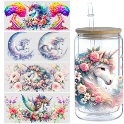 5 Sheets Unicorn UV DTF Cup Holder 16 oz,DTF Cup Holder Transfer Glass,Water Bottle Waterproof Sticker,Friction Transfer Sticker