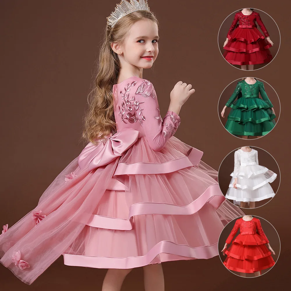 ELBCOS 4-14T Kid Girls Embroidery Solid Color Long Sleeve Tiered Wrinkle Skirt Bow Tail Winter Wear Costumes Evening Full Dress