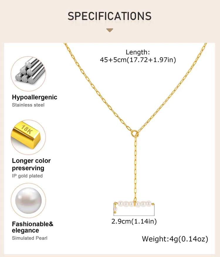 Perlen-Balken-Y-Halskette, 18K vergoldeter Edelstahl, hypoallergener Lariat-Ketten-Schmuck – Detail 3