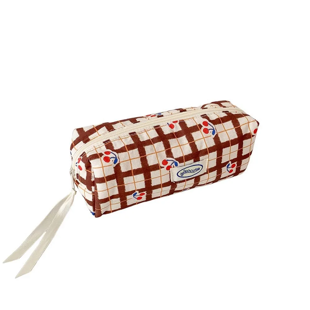 Large Capacity Y2K Cherry Pencil Case Checkered Cartoon Cherry Cosmetics Storage Korean Pencil Bag Handheld Zipper Makeup Bag