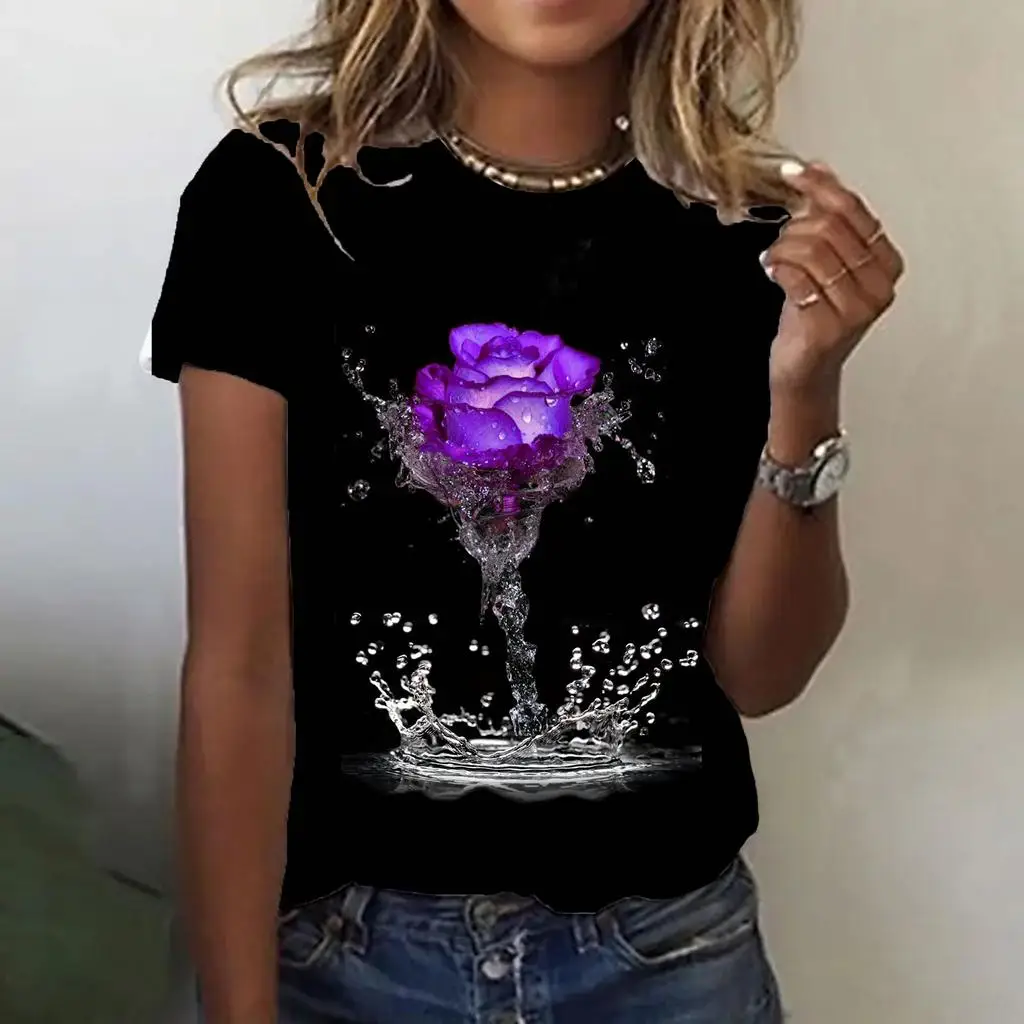 Fashion Rose 3D Print T-Shirts Women Casual Short Sleeve O-Neck T Shirt Summer Streetwear Harajuku Tops Y2k Tees Female Clothing