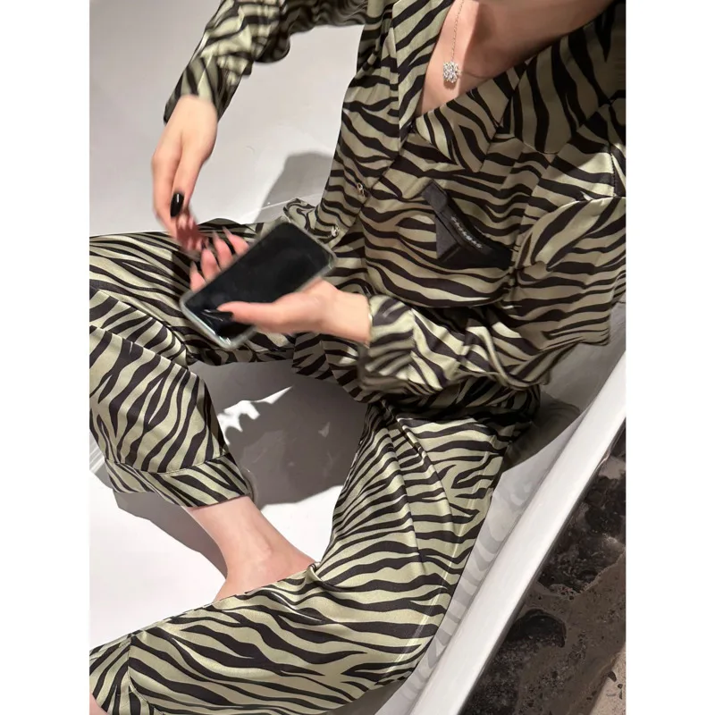 [Green Zebra Long Sleeve Pants]Light Luxury Ice Silk Pajamas Women's Spring And Summer Long-sleeved Trousers Home Pyjamas Sets