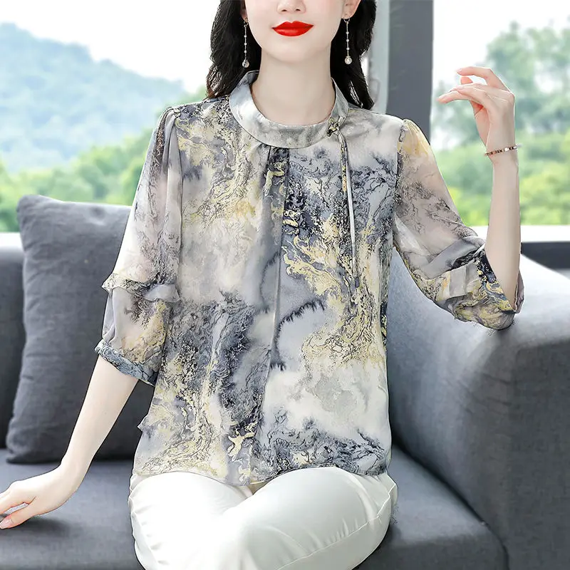 Women Summer Elegant Temperament Printing O-neck Short Sleeve Chiffon Shirts Women Clothes Fashion All-match Appear Thin Top Tee