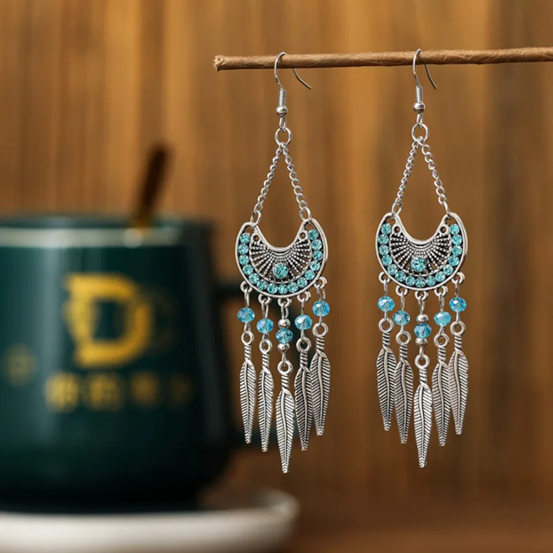 High-end versatile earrings women's retro literary and artistic diamond-encrusted earrings, multi-layer bohemian earrings, whole