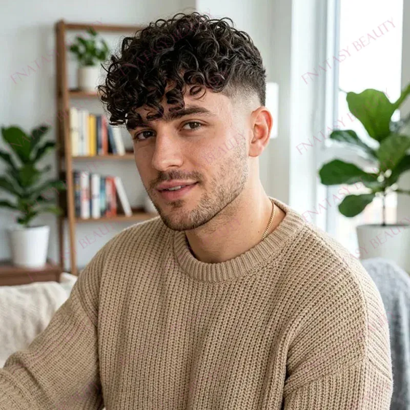 Australian Lace&PU Base Afro Black Man 100% Human Hair 1B10 1B30 Grey 18mm Curly Hair Wigs Replacement Durable Brown Hair System