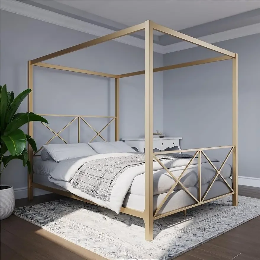 Metal Canopy Bed Frame, Four Poster Design, Geometric Accented Headboard and Footboard, Full, Gold