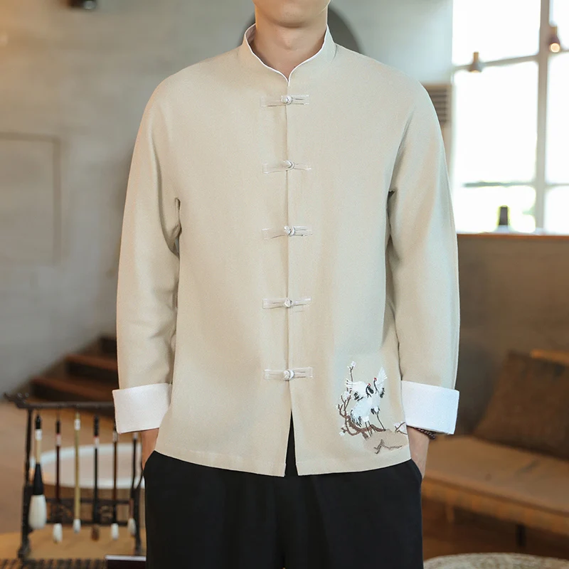 Men Shirts Traditional Kungfu Tai Chi Long Sleeve Embroidered Chinese Style Retro Linen Cardigan Stand Collar Tang Suit Mens Top