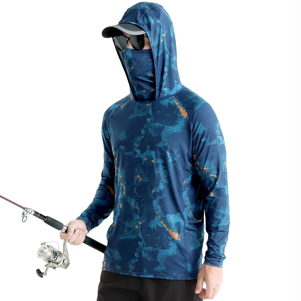 ملابس الصيد الصيفية مع غطاء محرك السيارة واقية من الشمس الجليد بارد قميص الصيد قناع الوجه UPF50 + في الهواء الطلق التجفيف السريع تنفس ملابس الصيد