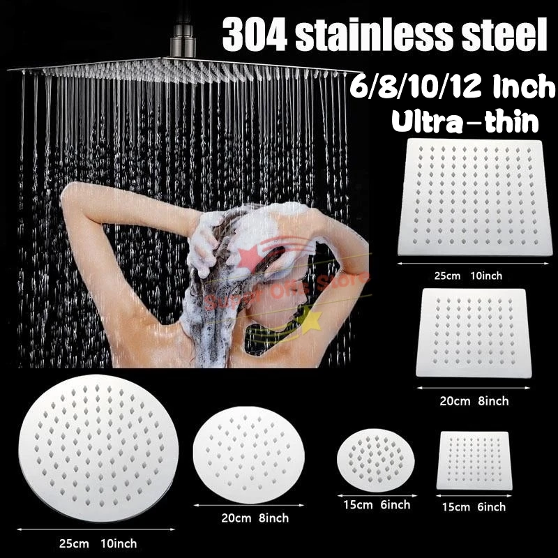 Round & square Stainless Steel Ultra-thin Showerheads 12/10/8/6 inch Rainfall Shower Head Rain Shower Chrome Finish