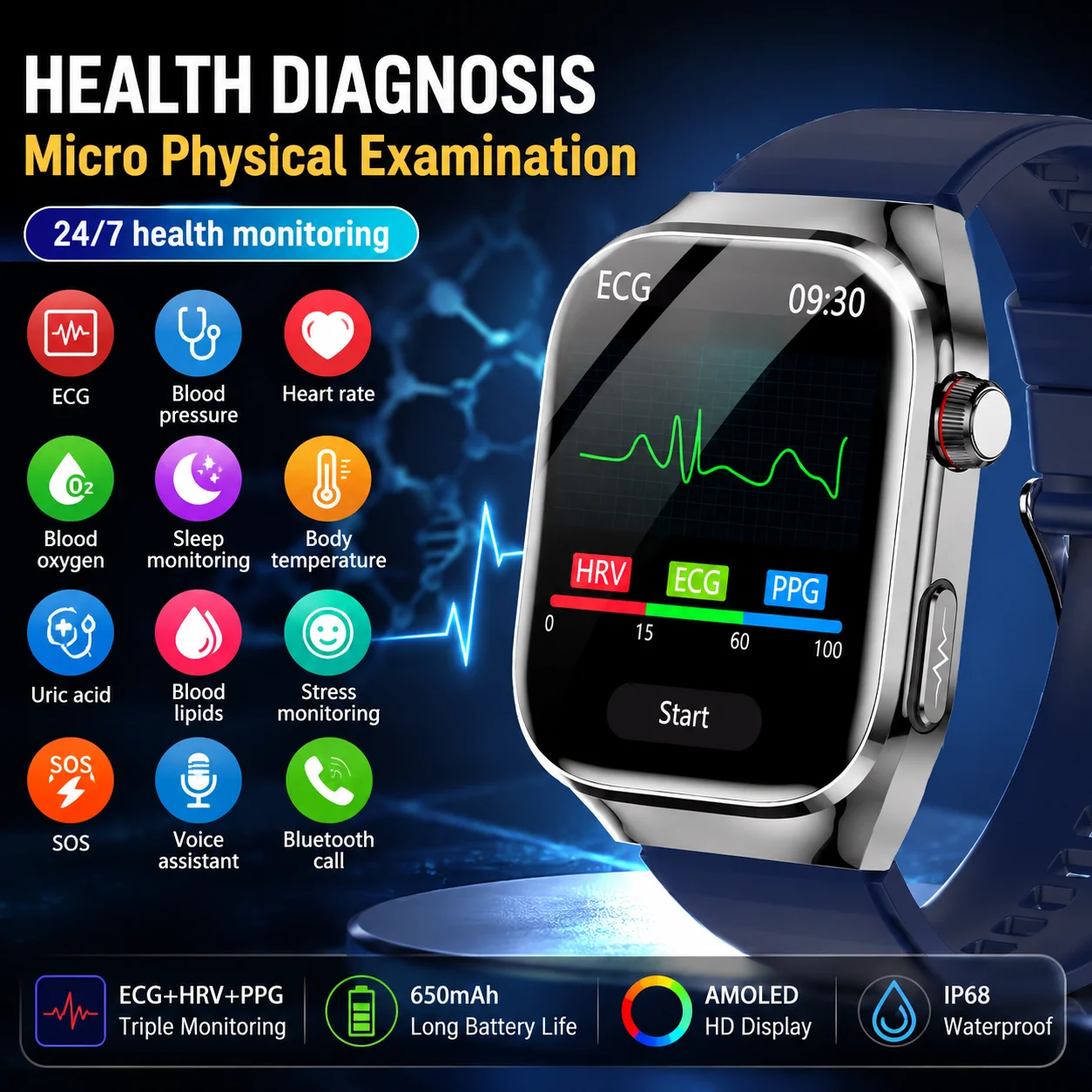 2026 Nouveau ECG Health Tracker Smart Watch Men, pression artérielle oxygène sanguin SpO2 acide urique Temp corps fréquence cardiaque sommeil sports Bluetooth bracelet d'appel, examen physique Smartwatch