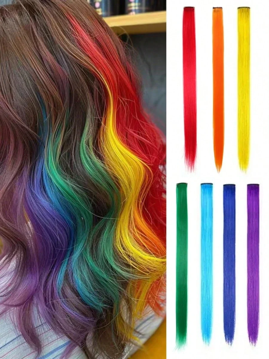 

Разноцветные заколки для волос для наращивания; Красочные накладные пряди для волос; Прямые накладные пряди для волос для женщин; Комплект для повседневного образа;