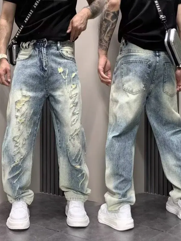 

Retro American Style Men's Summer Thin Denim Jeans Loose Straight Leg Trendy Long Pants Worn out Look Breathable Wear Resistant