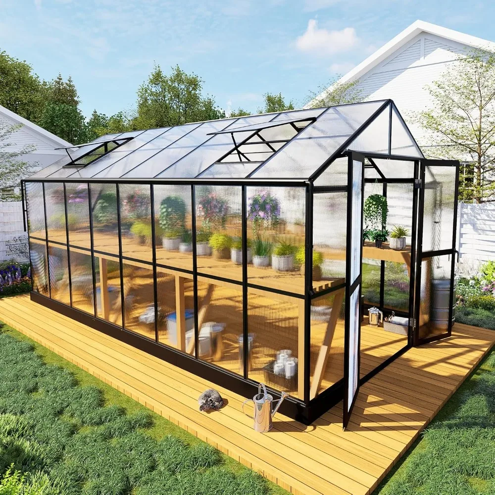 8x16x7.5 FT Polycarbonate Greenhouse with Swing Doors, 4 Vents, 5.2FT Added Wall Height, Walk-in Large Aluminum, Custom