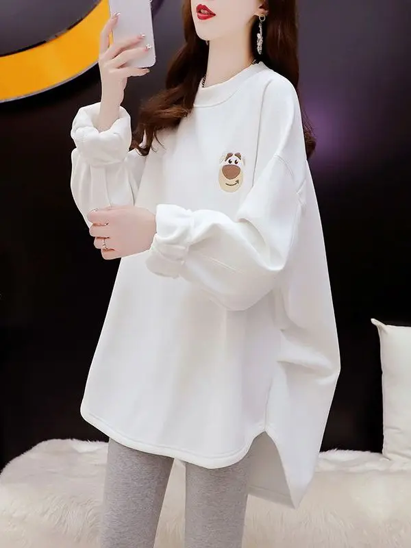 Felpa con cappuccio taglie forti foderata Fce da donna Casual rotonda Ne stampata lunga Sve coreana Sle comoda per il tempo libero