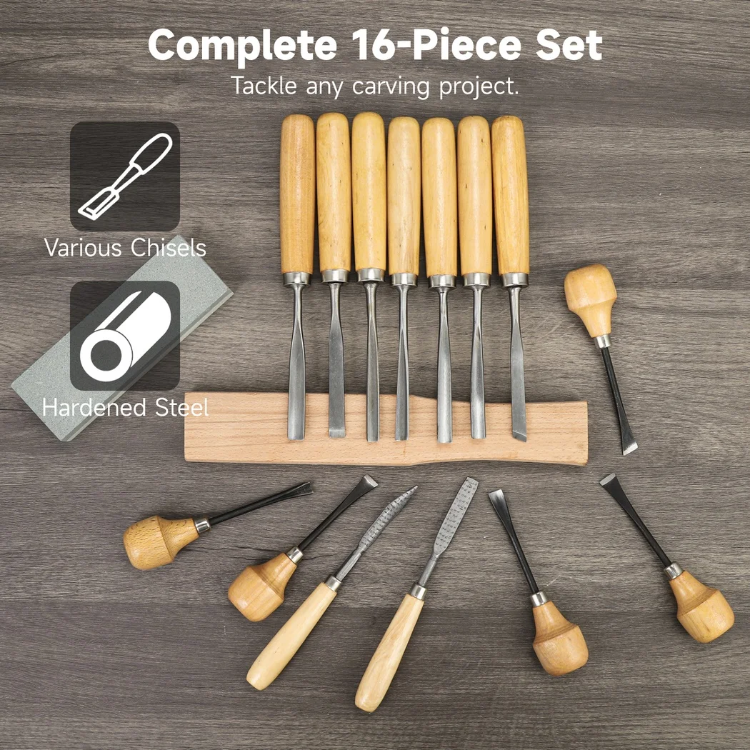 16Pcs Wood Carving Tools Professional Wood Chisel Set With Storage Sharp Steel Chisels With Wooden Handles Carving Knives Files