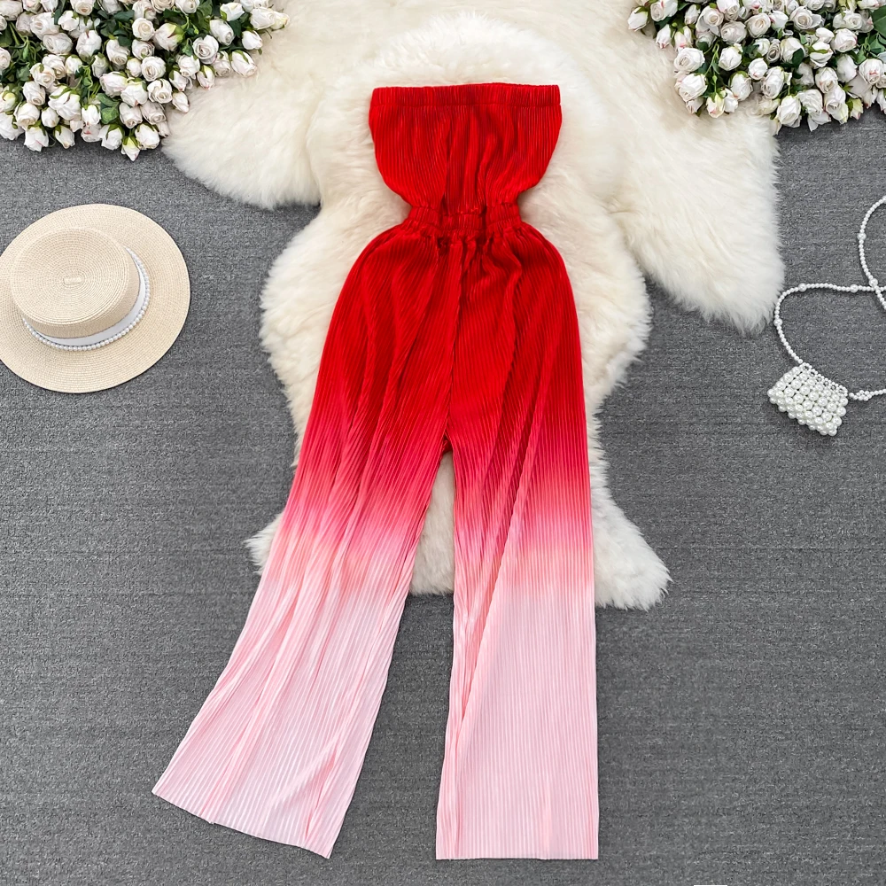 Summer New Hot Girl Sexy Strapless Tube Top Jumpsuit Women's High Waist Slimming Gradient Color Drape Pleated Wide-leg Trousers