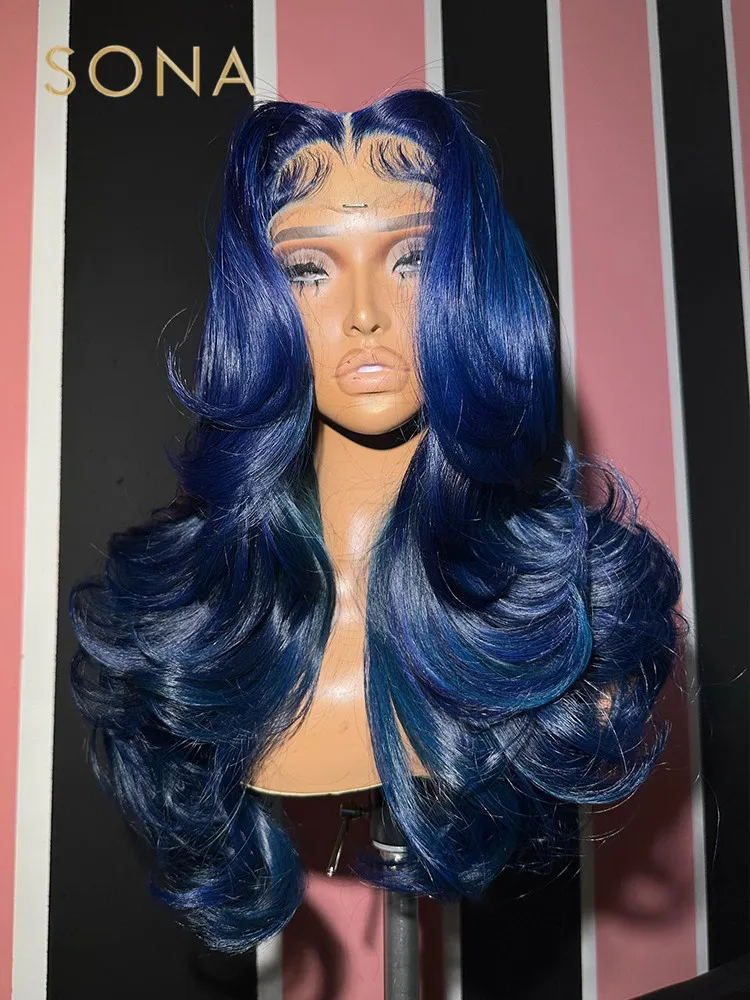 Navy Blue 13x6 HD Transparent Lace Frontal Wig Pre Plucked Blue Lace Front Colored Body Wave Human Hair WIgs