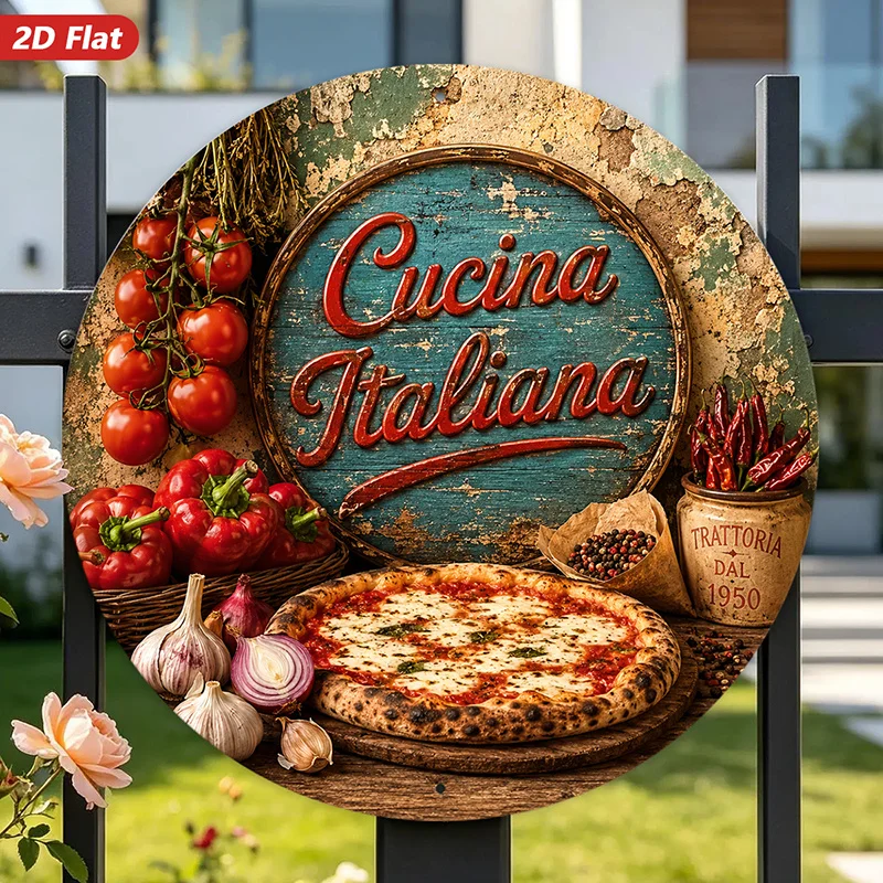 2D Flat, 1pc Round Metal Sign Wall Art, Italian Cuisine - Cucina Italiana Sign, Rustic Style, Tomato & Pizza Motif, Home Decor