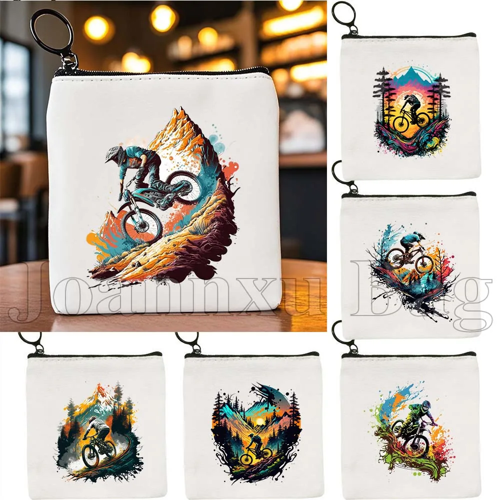 

Biker Mountain Rocky Bikes Sports Cycling Riding The Mountain Trails Canvas Coin Purse Bag Key Storage Card Bag Wallet Pouch
