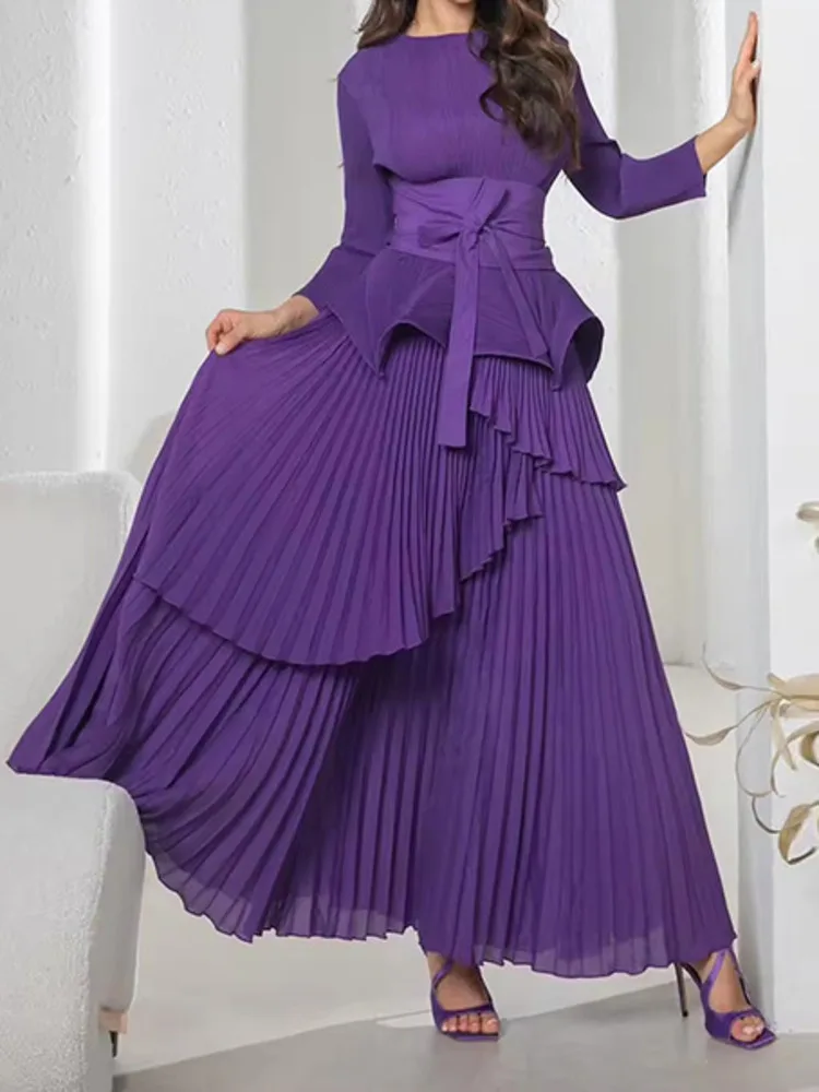 LANMREM Autumn New Party Pleated 2 Piece Set Women Round Neck Irregular Belt Gathered Waist Solid Long Dresses 2024 32C1114