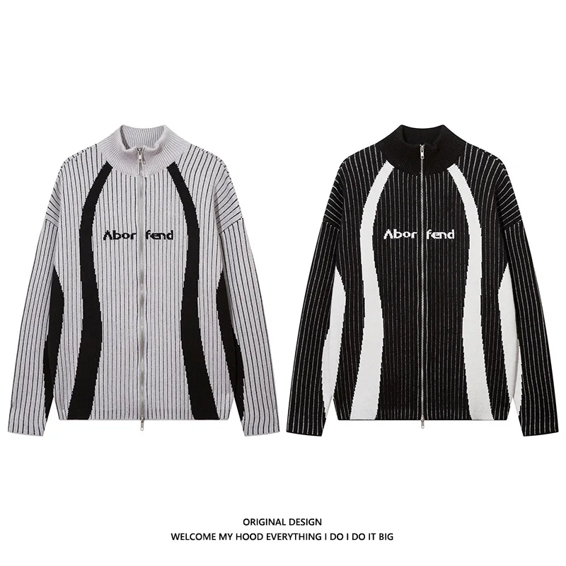 Spliced Autumn Sweaters Coats For Men And Women Casual Zipper Knitted Loose Hip Hop Youth Y2k Fashion Versatile Striped