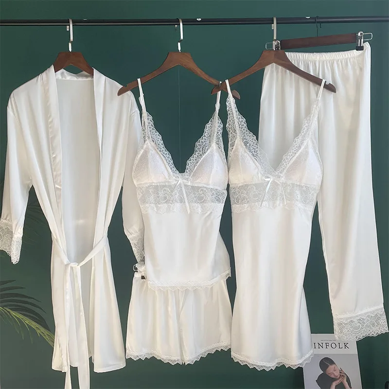 

White Satin Wedding Robe Nightgown 5PCS Sleepwear Set Sexy Lace Kimono Bathrobe Gown Nightwear Loose Home Dress Lounge Wear