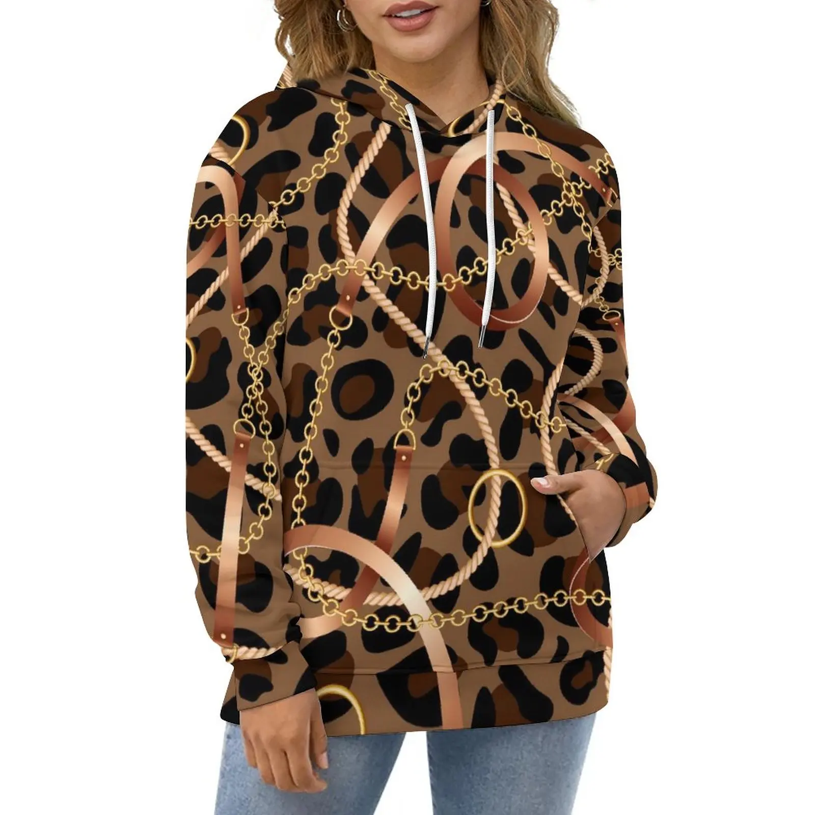 Gold Chain And Belts Casual Hoodies Leopard Cheetah Modern Hoodie Couple Long-Sleeve Fashion Graphic Loose Oversized Sweatshirts