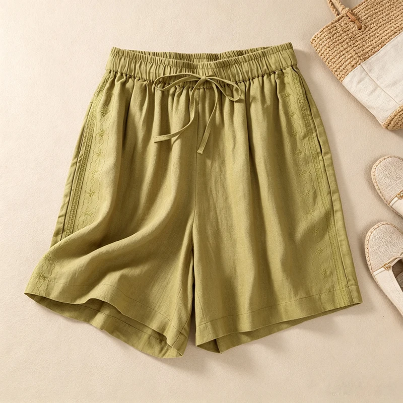

Slimming Effect Casual Pants High Waist Drawstring Loose Cotton Linen Five-Quarter Length Short Shorts Thin Model for plus Si...