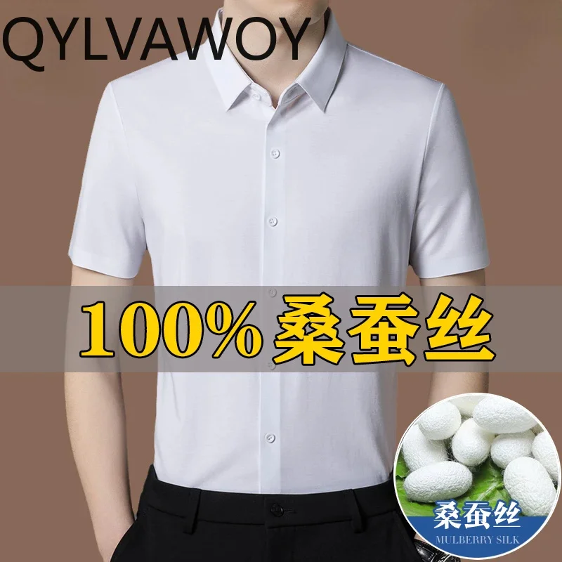 QYLVAWOY 100% Mulberry Silk Mens Shirt Summer Clothes 2025 Business Casual Tops Short Sleeved Shirts for Camisa Hombre