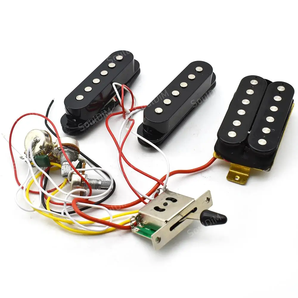 Electric Guitar Pickup Wiring Harness Prewired 5-way Switch 2T1V Control SSH Pickup for ST Electric Guitar Black-White