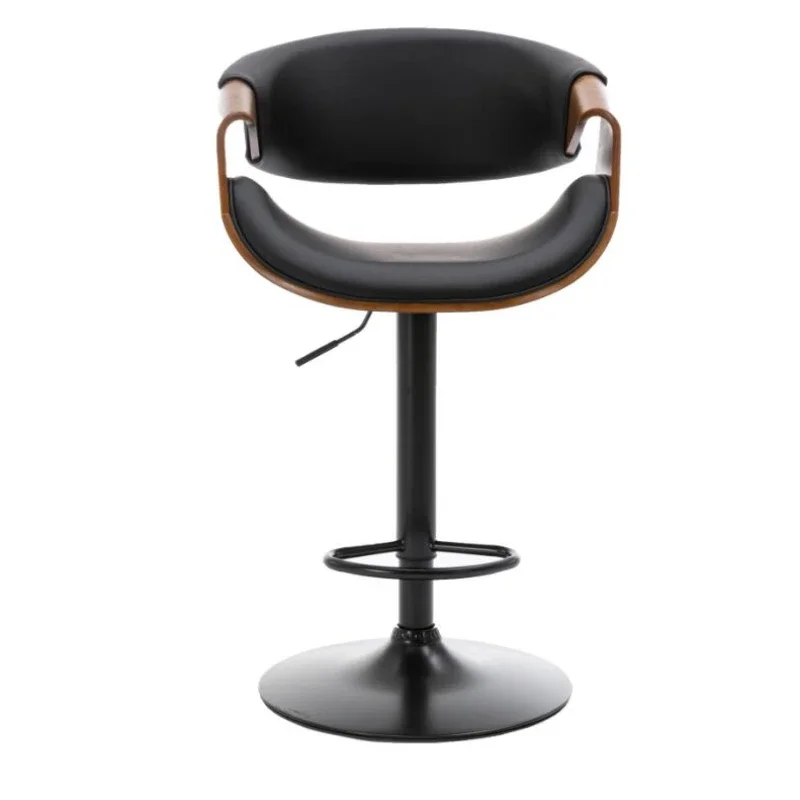 Adjustable Swivel Bar Stool, PU Leather Ecru Bent Wood Bar Chair Upholstered Seat Round Steel Base and Chrome Footrest