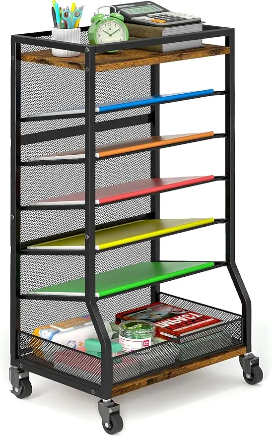 7 Tier Rolling File Cart with Sliding Trays Wood Metal File Organizer Beside Desk Free-Standing File Holder Paper Letter Tray