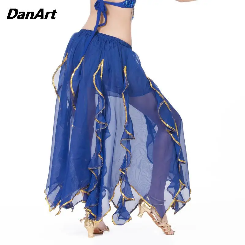 

Women Stage Performance Lotus Leaf Skirt Skirt Girl's Belly Dance Chiffon Gold edge Long Skirt Ladies Training Practice Dress