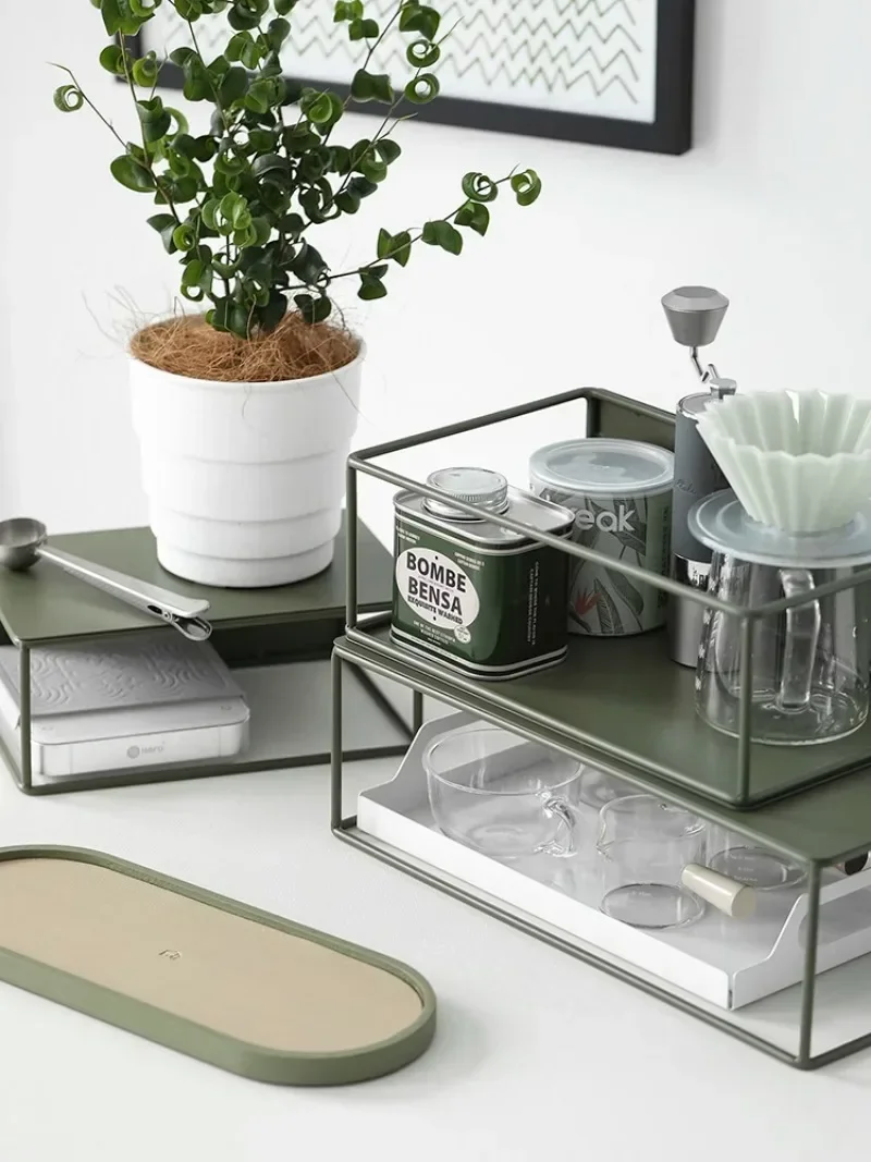 【Premium】AhunderJiaz Dark Green Height Enhancement Shelf  Desktop Iron Shelf  Metal Bookshelf  Coffee Corner Simple Organizer