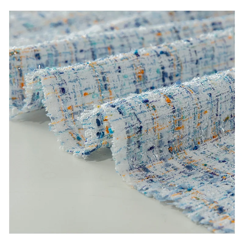 Tweed Fabric By The Meter for Coats Clothing Skirts Dresses Diy Sewing High-end Thin Winter Fashion White Blue Textile Polyester