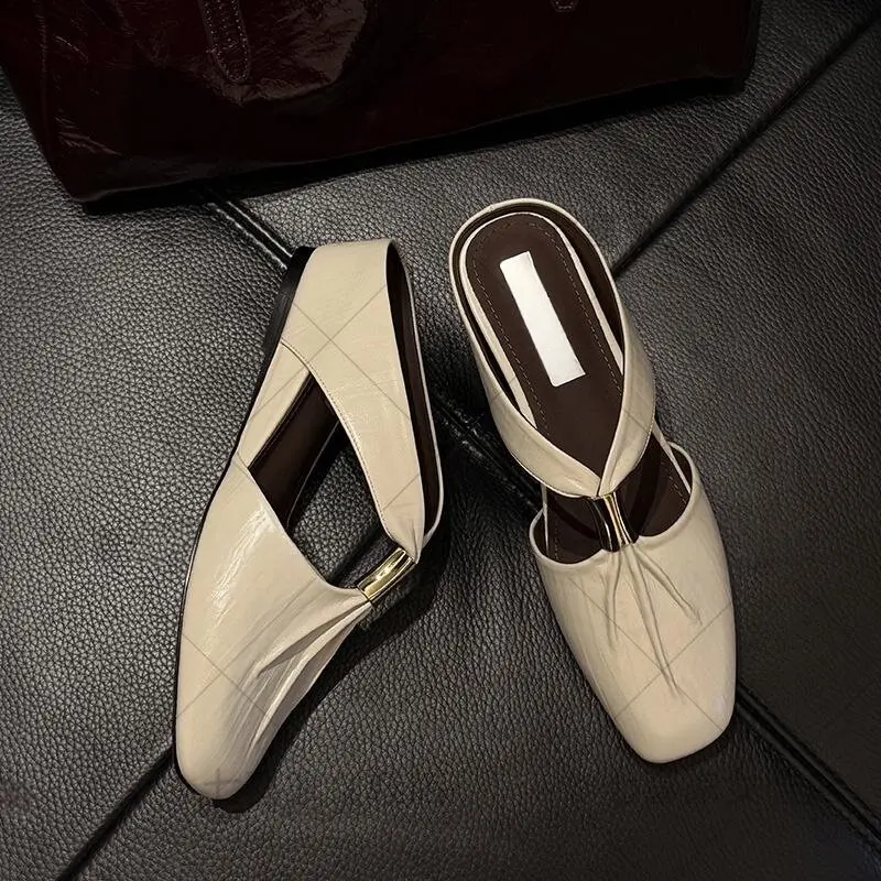 

French Retro Style Square Toe Baotou Slippers Women's Summer Wear Outside and Inside Increase Wedge Half Slippers