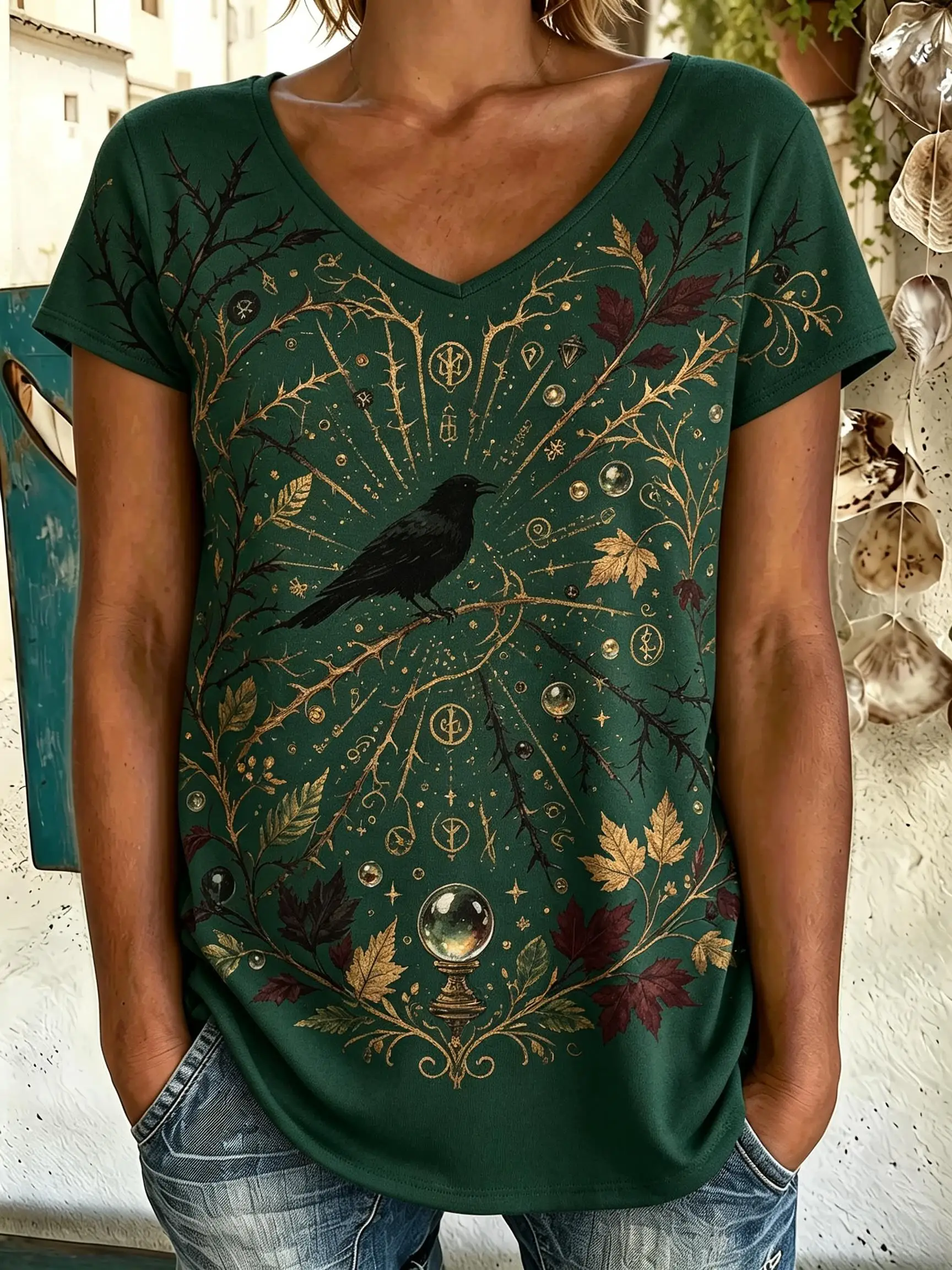 Women V‑Neck Short Sleeve T‑Shirt Gothic Raven Crystal Ball Castle Rose Bat Spider Web Mystical Print Casual Loose Tops