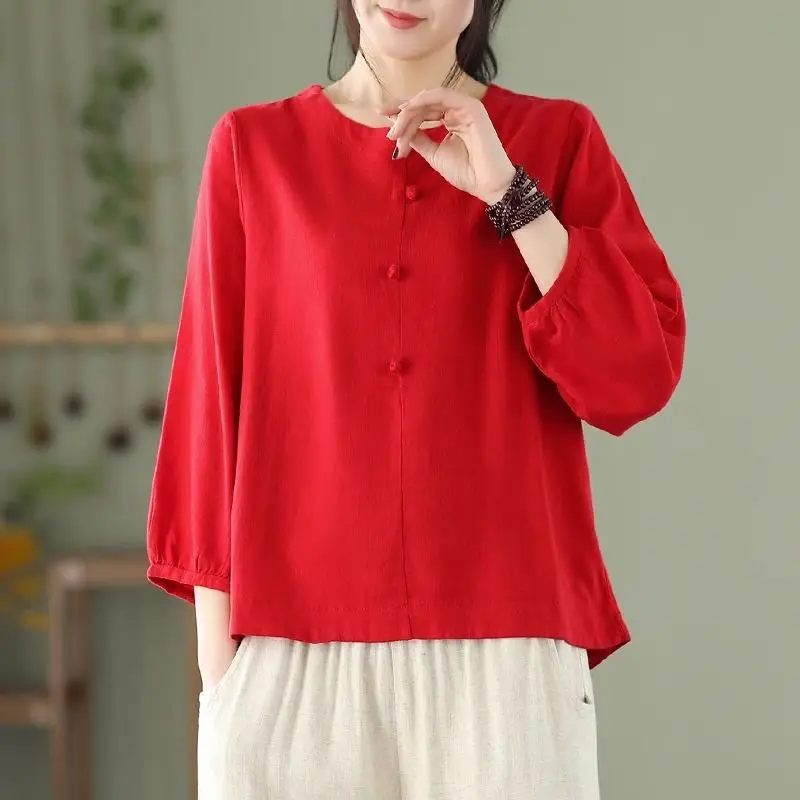 Chinese Style 2024 Summer Women\'s New V-neck Patchwork Button Fashion Solid Color Elegant Comfortable 3/4 Sleeve Blouses Shirts