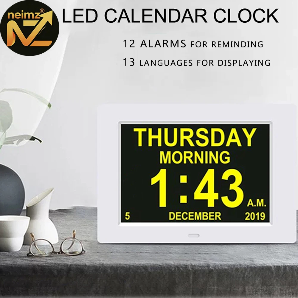 12 Alarms LED Calendar Clock with Multi-languages to Display. Reminding Work and Plans. A Medicine Time Reminder for the Elders.