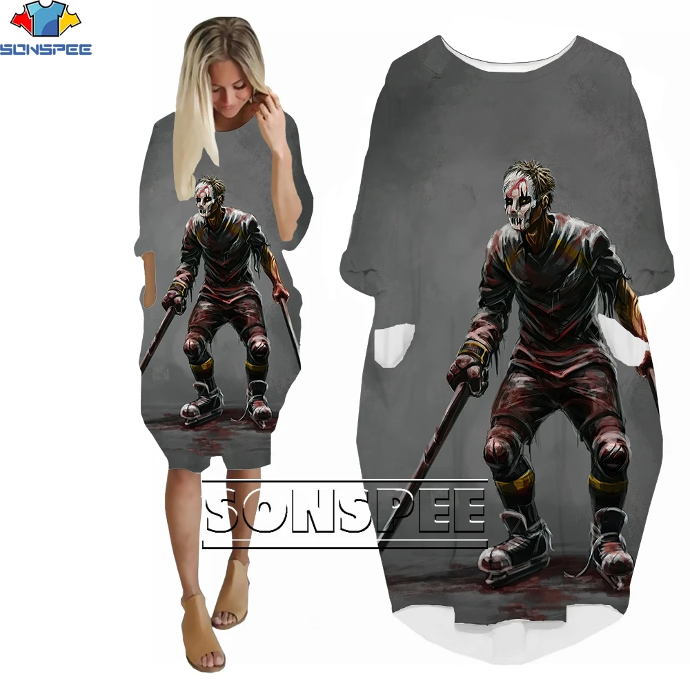 SONSPEE Hockey Sports Animation Character Retro Ladies Long Sleeve 3D Printing Pocket Girls Loose Dress Distressed Fashion Life