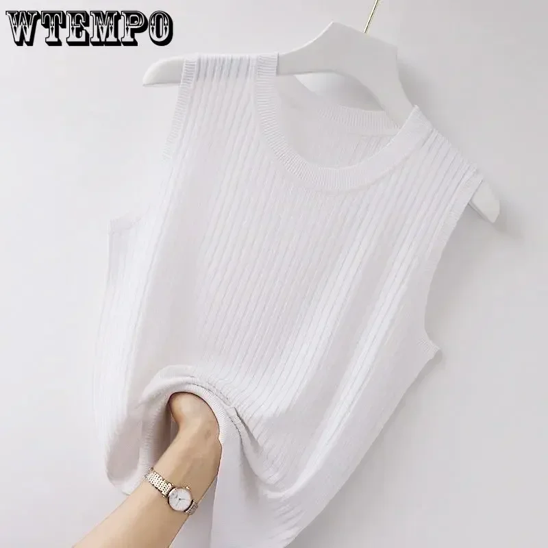 

WTEMPO Round-neck Suspender Tank Top for Women Bottoming White Short Knitted Sleeveless Top