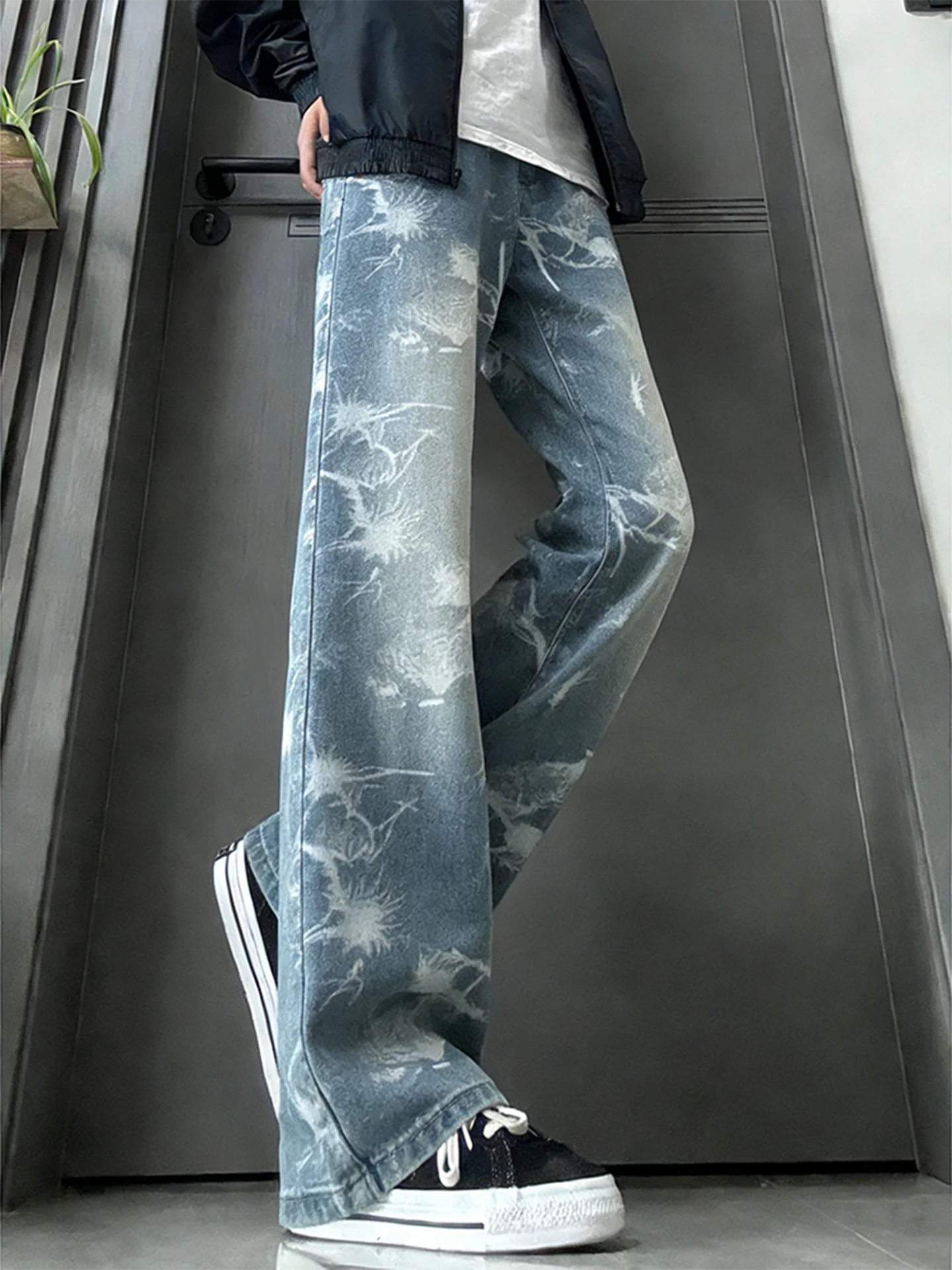 

Trendy Tie-Dye Men's Jeans Bell Bot American Vibe Slimming Leg Lengthening Straight Knife Pants Casual Cotton Denim